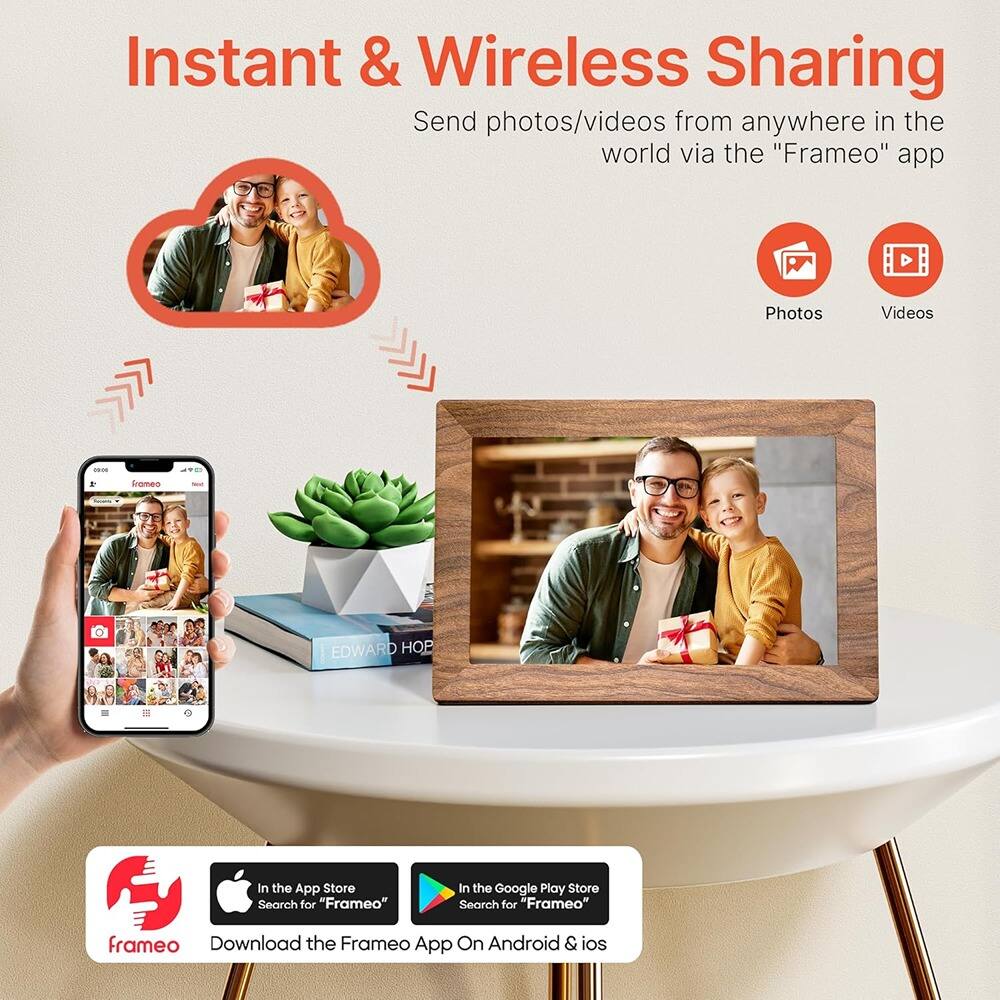 Instant & Wireless Sharing  
Send photos/videos from anywhere in the world via the "Frameo" app  

Photos Videos  

In the App Store Search for "Frameo"  
In the Google Play Store Search for "Frameo"  

Download the Frameo App On Android & ios
