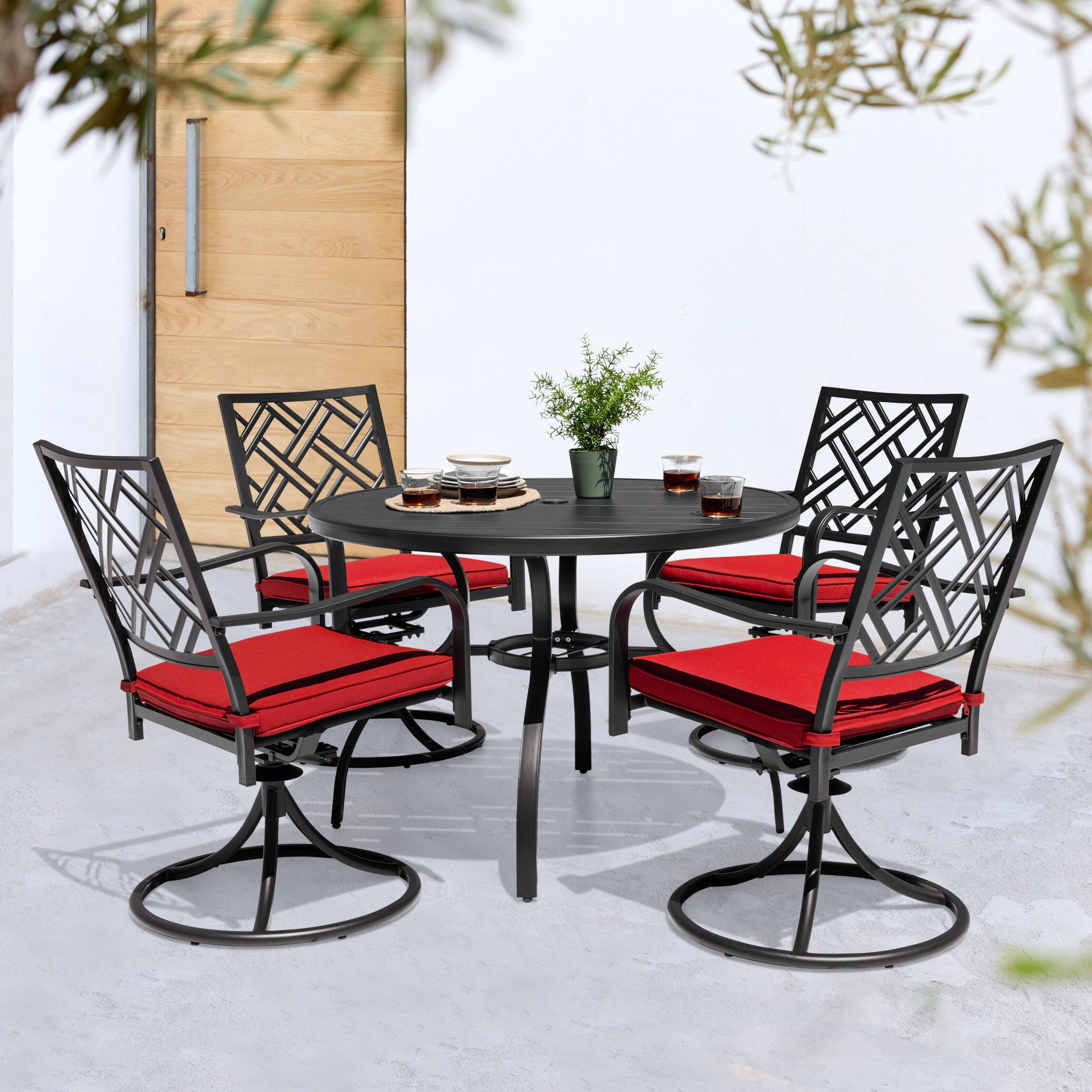 Angle. Nuu Garden - 5-Piece Metal Patio Dining Set with Umbrella Hole and Swivel Chairs - Black and Red.