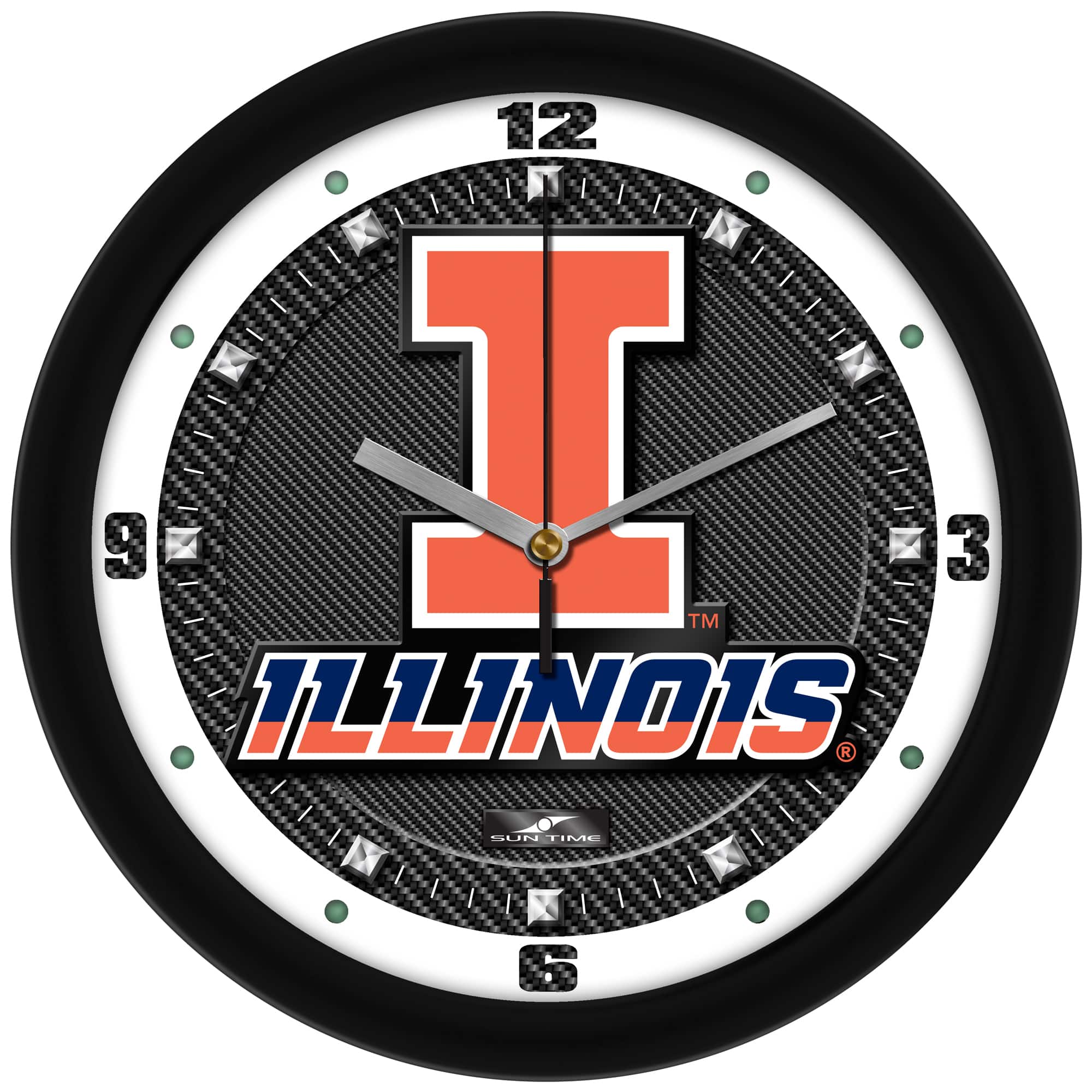 MpDirect - Illinois Fighting Illini 11.5'' Suntime Premium Glass Face Carbon Fiber Wall Clock - Multicolor
