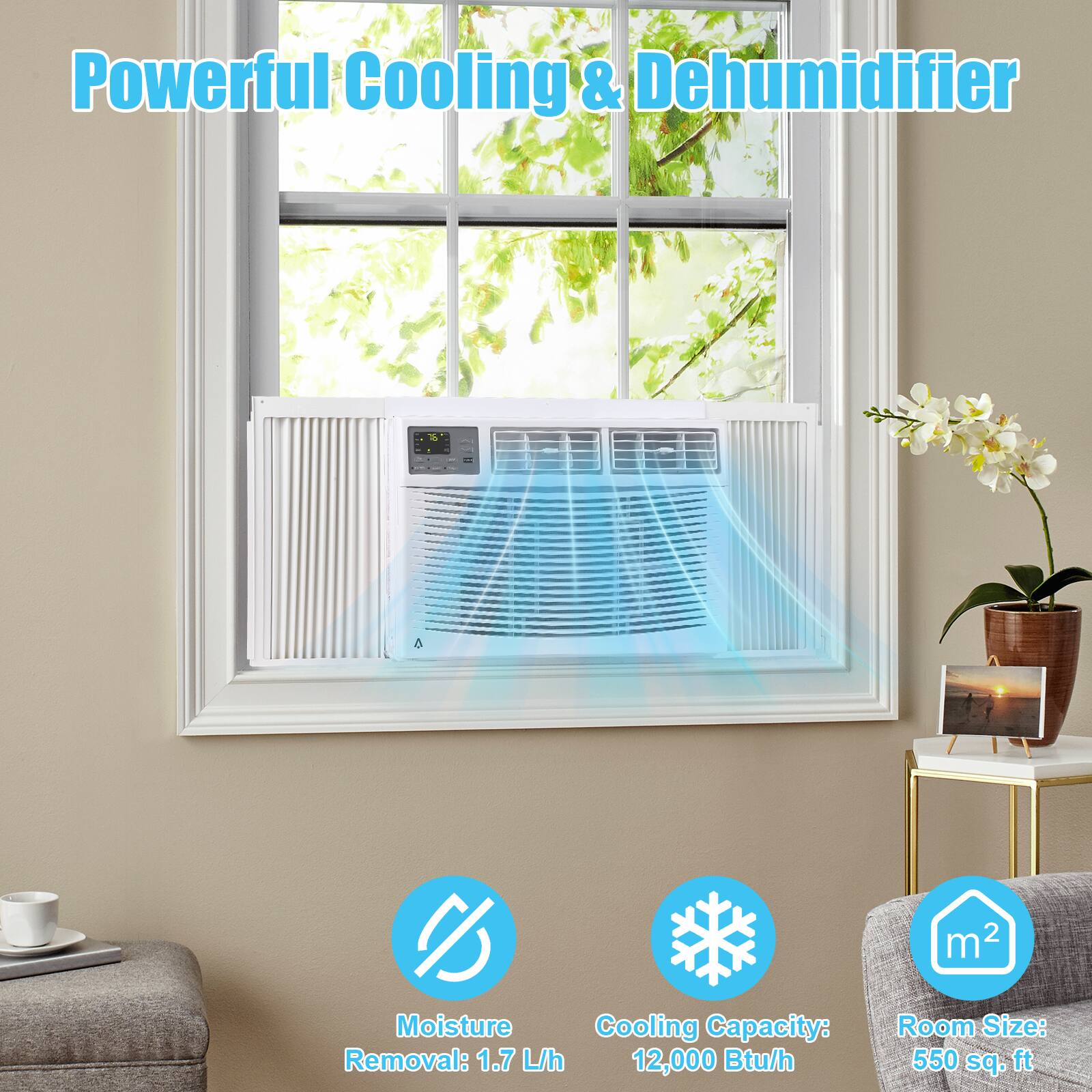 Powerful Cooling & Dehumidifier  
Moisture Removal: 1.7 L/h  
Cooling Capacity: 12,000 Btu/h  
Room Size: 550 sq. ft