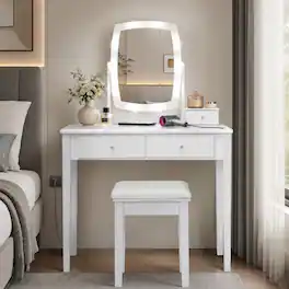WELLFOR - Modern Vanity Table Set with LED Lighted Mirror &4 Drawers,Dressing Table with Padded Stool for Bedroom & Dressing Room - White
