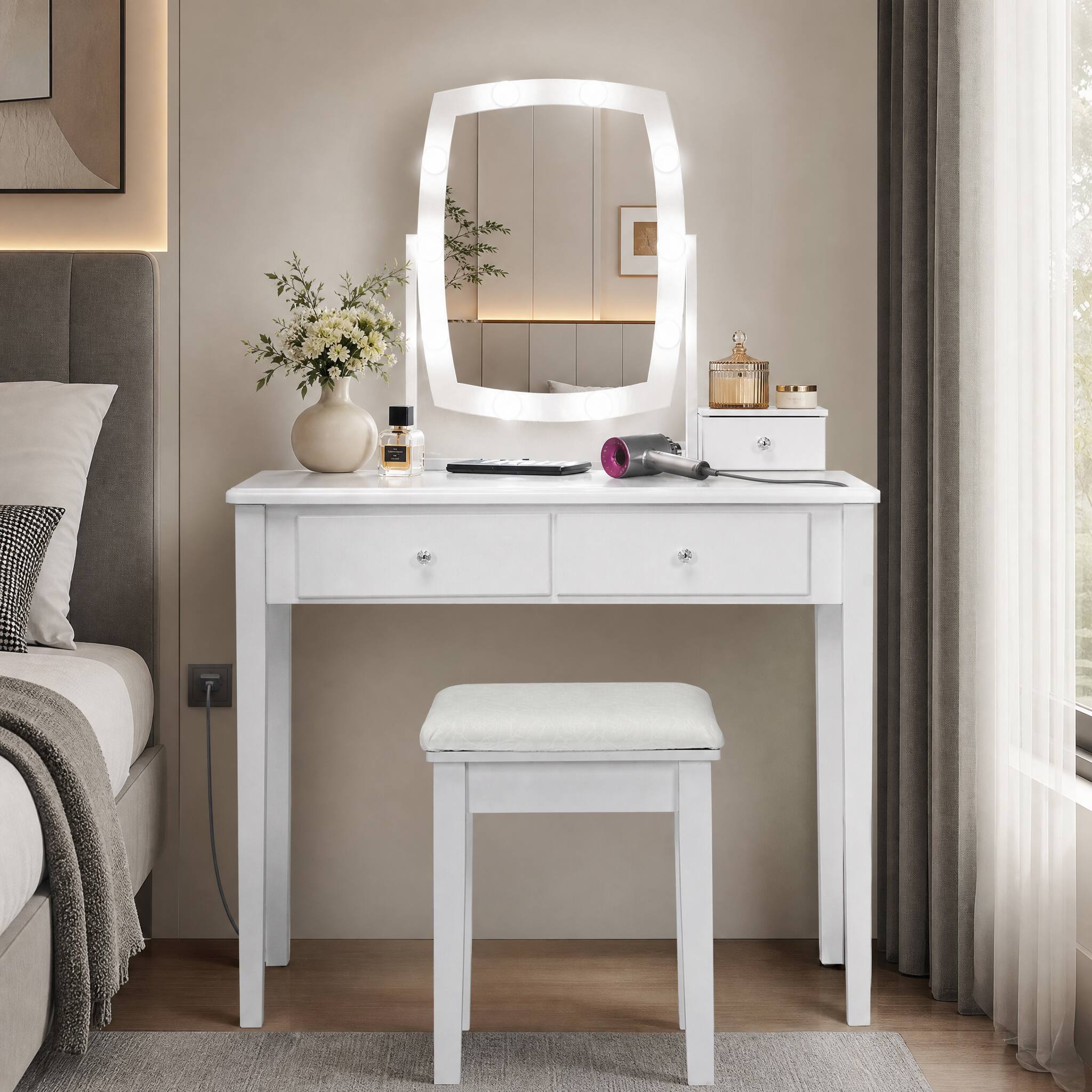 Front. WELLFOR - Modern Vanity Table Set with LED Lighted Mirror &4 Drawers,Dressing Table with Padded Stool for Bedroom & Dressing Room - White.