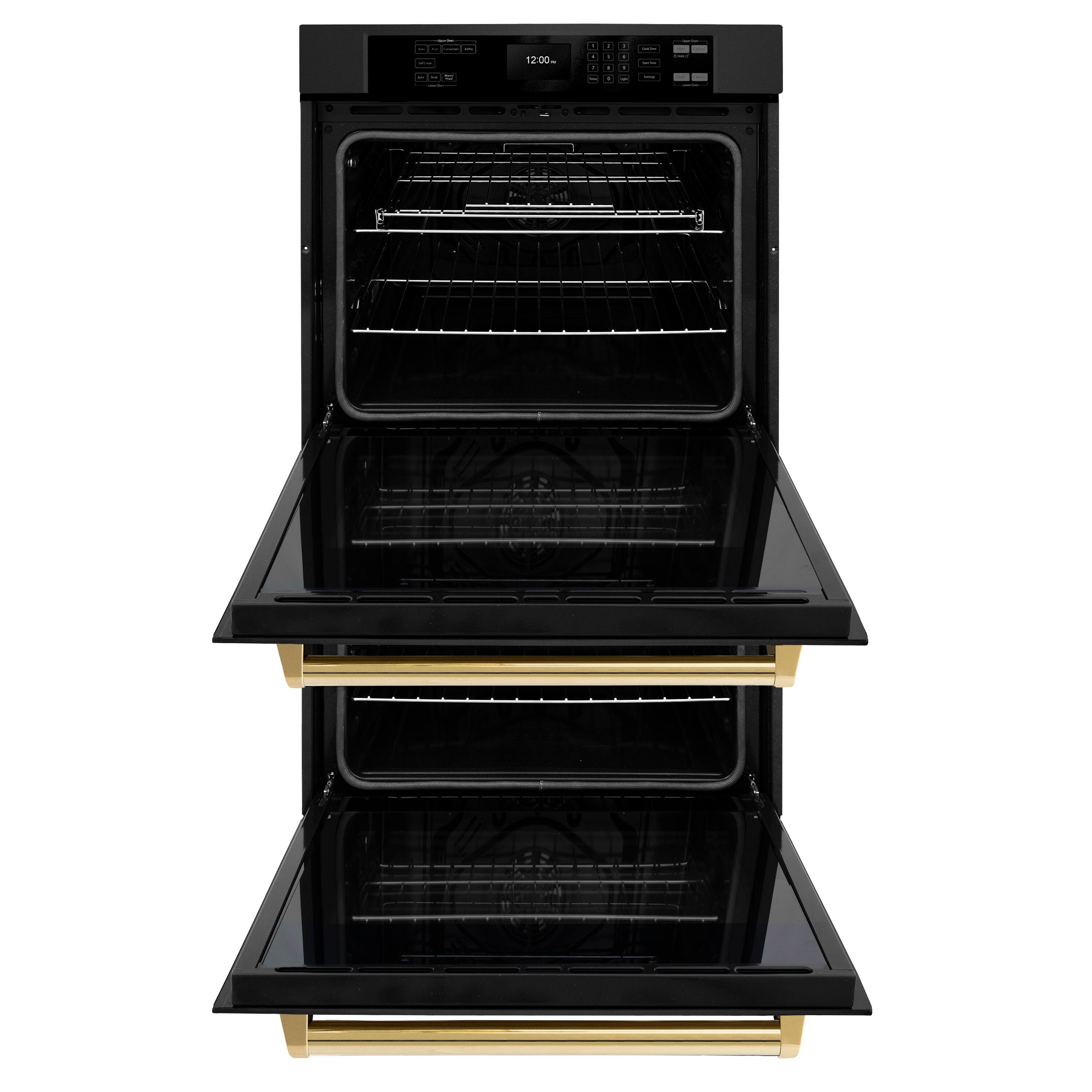 Angle. ZLINE - 30 in. Autograph Double Wall Oven w/ Air Fry in Black Stainless & Gold Handles - Black stainless steel.