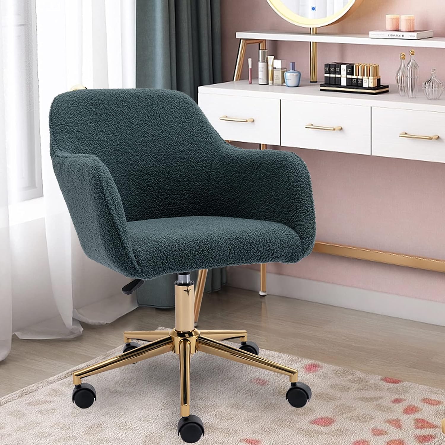 Trinkets Crazed - Modern Teddy Fabric Material Adjustable Height 360 Revolving Home Office Chair With Gold Metal Legs - Green