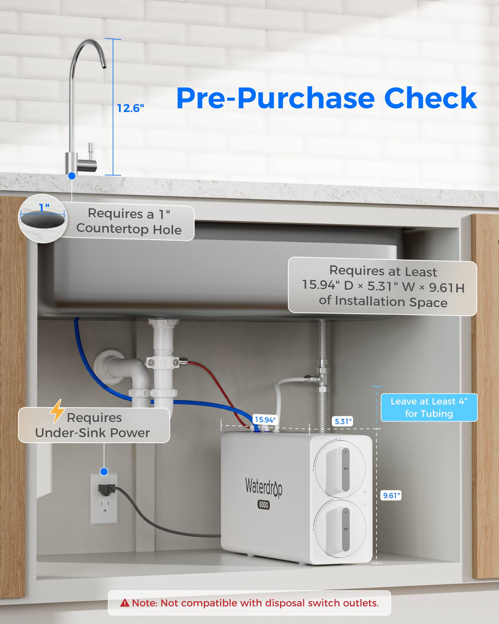 12.6" Pre-Purchase Check

- Requires a 1" Countertop Hole
- Requires at Least 15.94" D x 5.31" W x 9.61" H of Installation Space
- Requires Under-Sink Power
- Leave at Least 4" for Tubing
- Waterdrop 600G
- Note: Not compatible with disposal switch outlets.