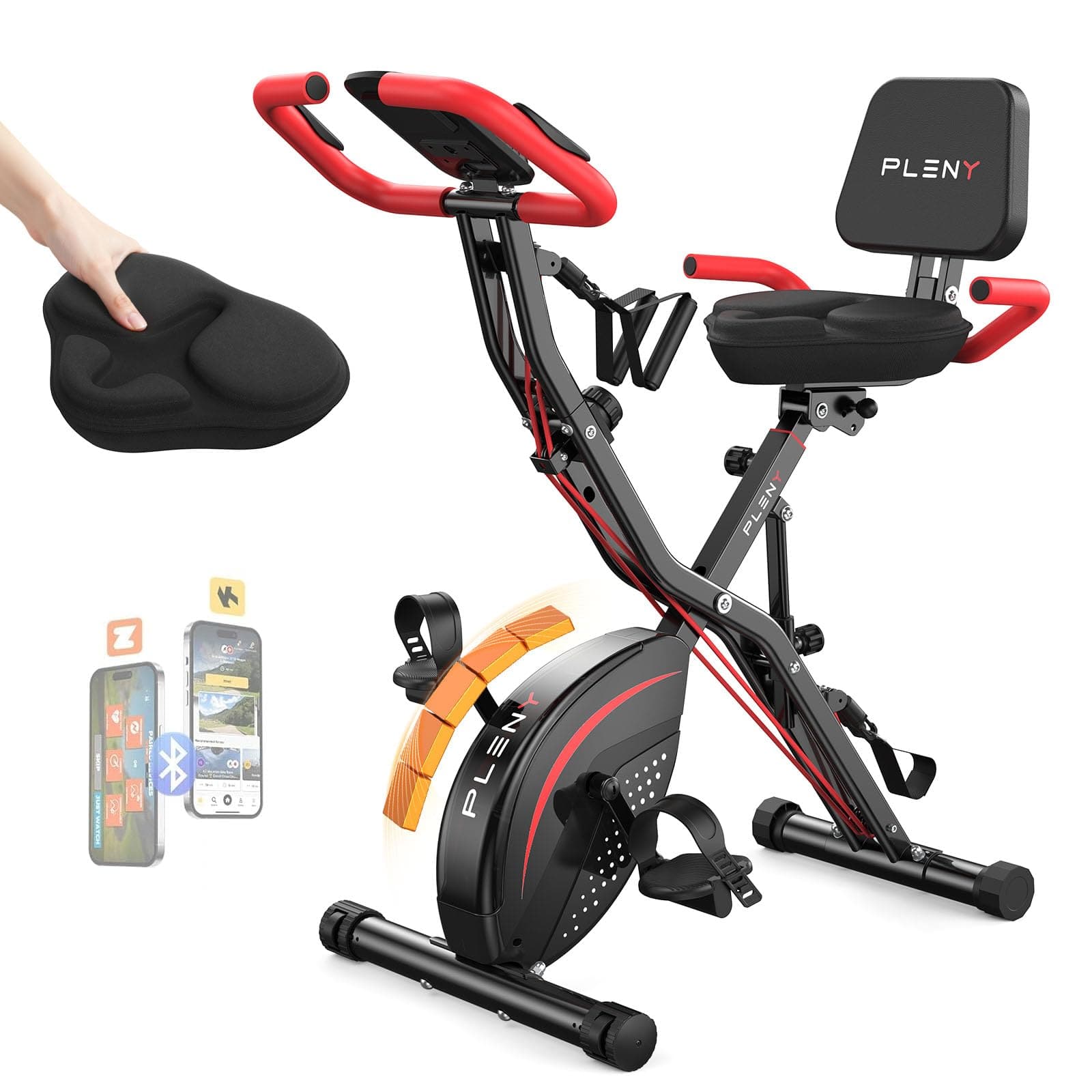 FED Fitness - Folding Exercise Bike, 5 IN 1 Stationary Bikes for Home 6.6 LBS Flywheel, 330LB Weight Capacity Back Support Cushion - Red