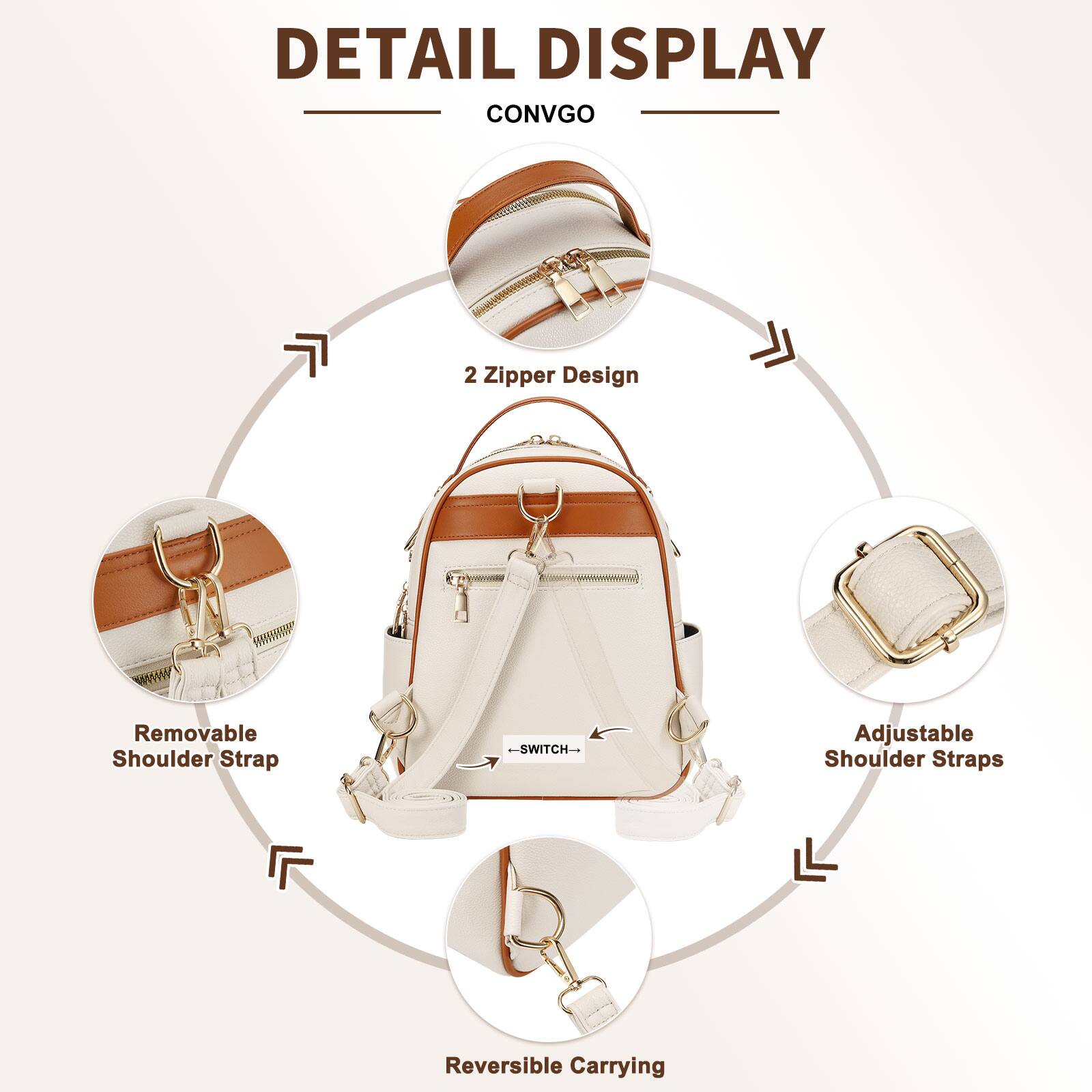DETAIL DISPLAY  
CONVGO  

- 2 Zipper Design  
- Removable Shoulder Strap  
- Adjustable Shoulder Straps  
- Reversible Carrying