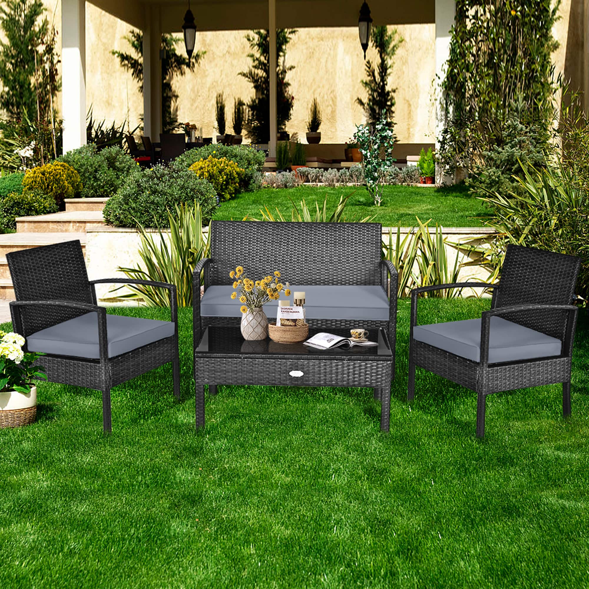 Gymax - Patio Garden 4PC Rattan Wicker Furniture Set - Black