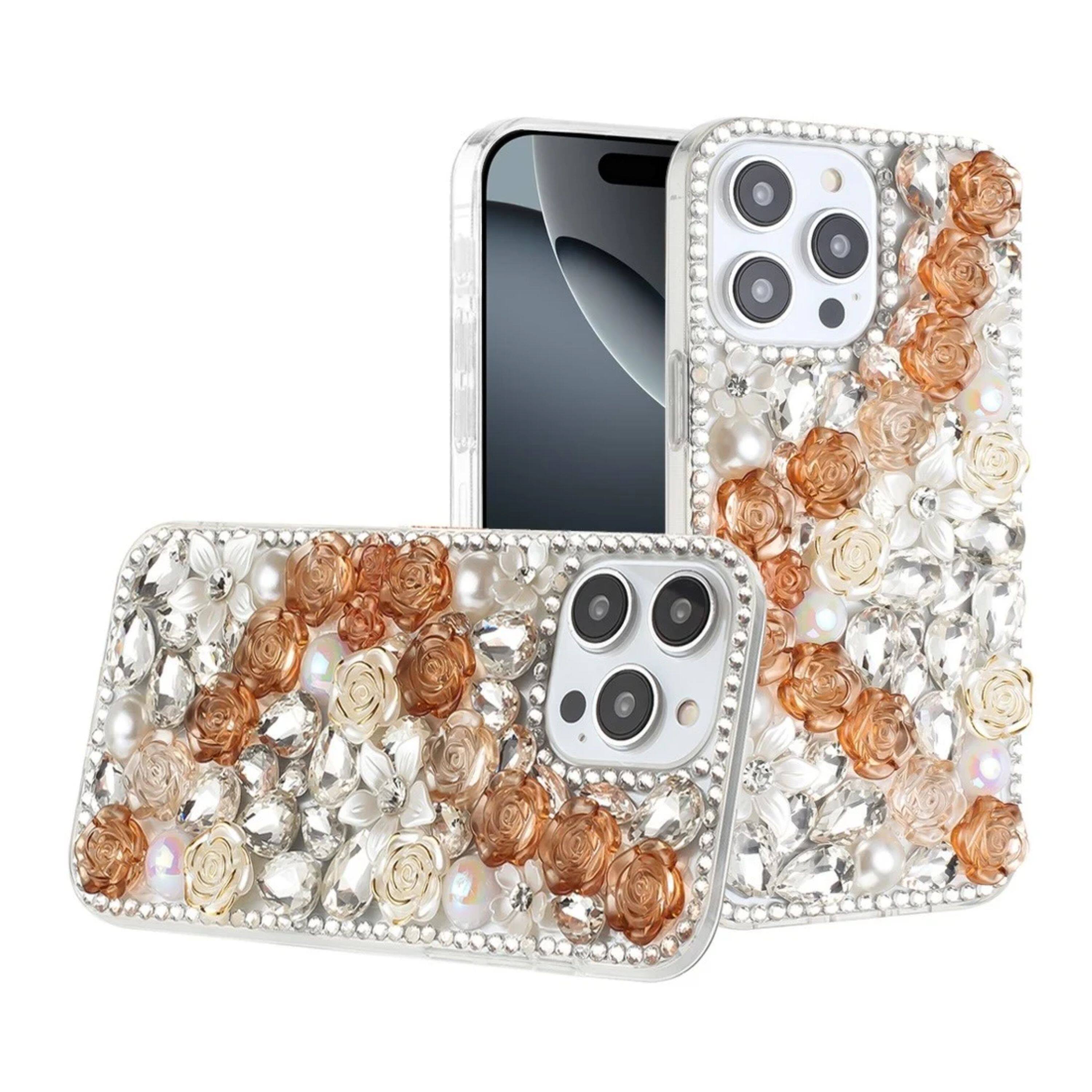 Angle. Kitcheniva - Full Rhinestone 3D Rose Phone Case With Tempered Glass For iPhone 16 Pro Gold - Gold.
