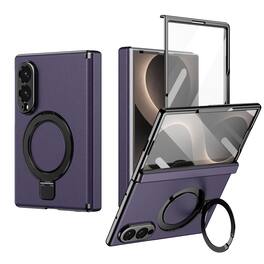 Dteck - Case for Samsung Galaxy Z Fold8 Built-in Screen Protector, Leather Hinge Protection Cover Magnetic Ring Kickstand - Purple