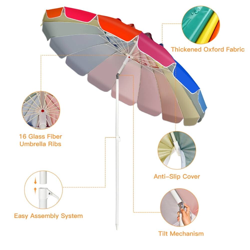 Thickened Oxford Fabric  
16 Glass Fiber Umbrella Ribs  
Anti-Slip Cover  
Easy Assembly System  
Tilt Mechanism
