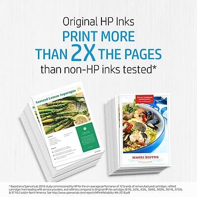 Original HP Inks PRINT MORE THAN 2X THE PAGES than non-HP inks tested*

Lemon Asparagus Sauteed
MAORI BISTRO

*Based on a SpencerLab 2018 study commissioned by HP for the overall performance of 12 brands of remanufactured cartridges, refilled HP ink cartridges, and 971XL sold in North America. See www.hp.com/HPInkStudy for details.