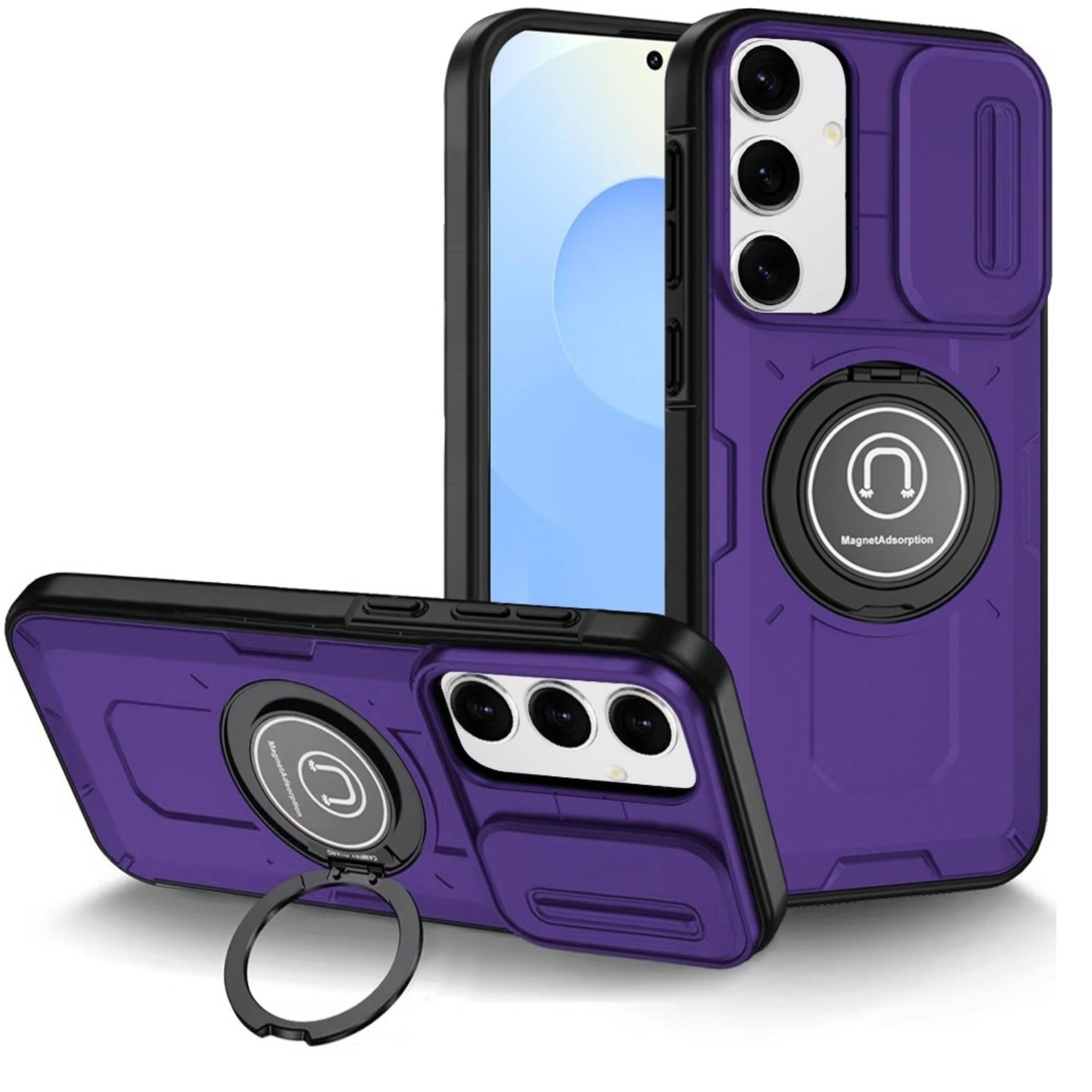 Front. Kitcheniva - Sliding Cover Metal Ring Stand Phone Case With Tempered Glass For Samsung S25 Plus S24 Plus Purple - Purple.