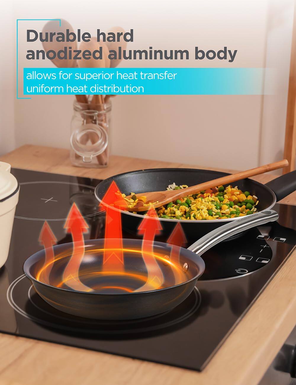 Durable hard anodized aluminum body allows for superior heat transfer uniform heat distribution