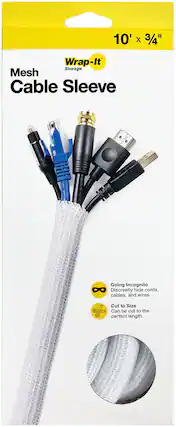 The text on the image reads: "10' X 3/4" Wrap-It Storage Mesh Cable Sleeve Going Incognito Discreetly hide cords, cables, and wires. Cut to Size Can be cut to the perfect length."