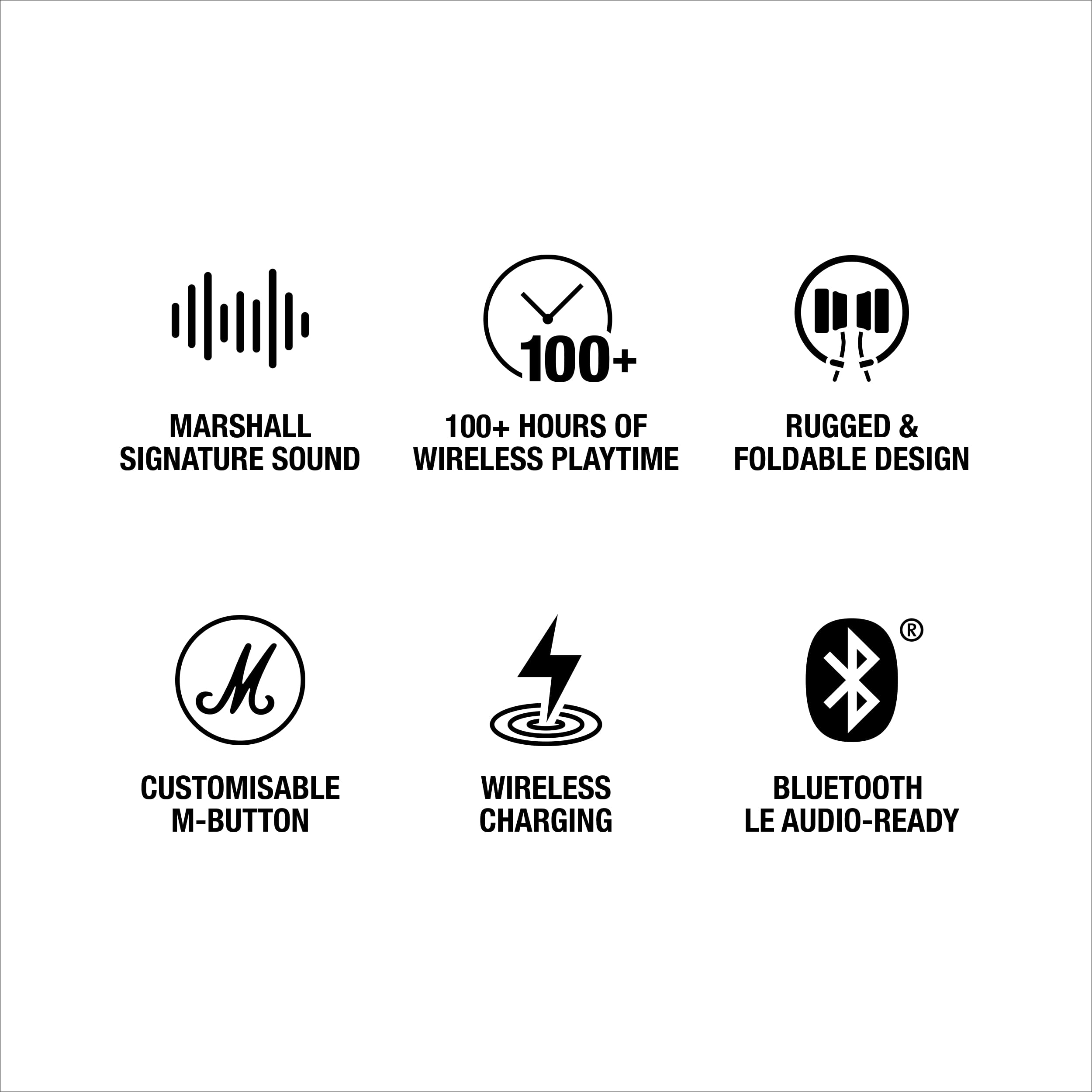 The text on the image can be grouped and corrected as follows:

1. Marshall: Customisable M-Button
2. 100+ Hours of Rugged & Signature Sound
3. Wireless Playtime
4. Foldable Design
5. Wireless Charging
6. Bluetooth LE Audio-Ready