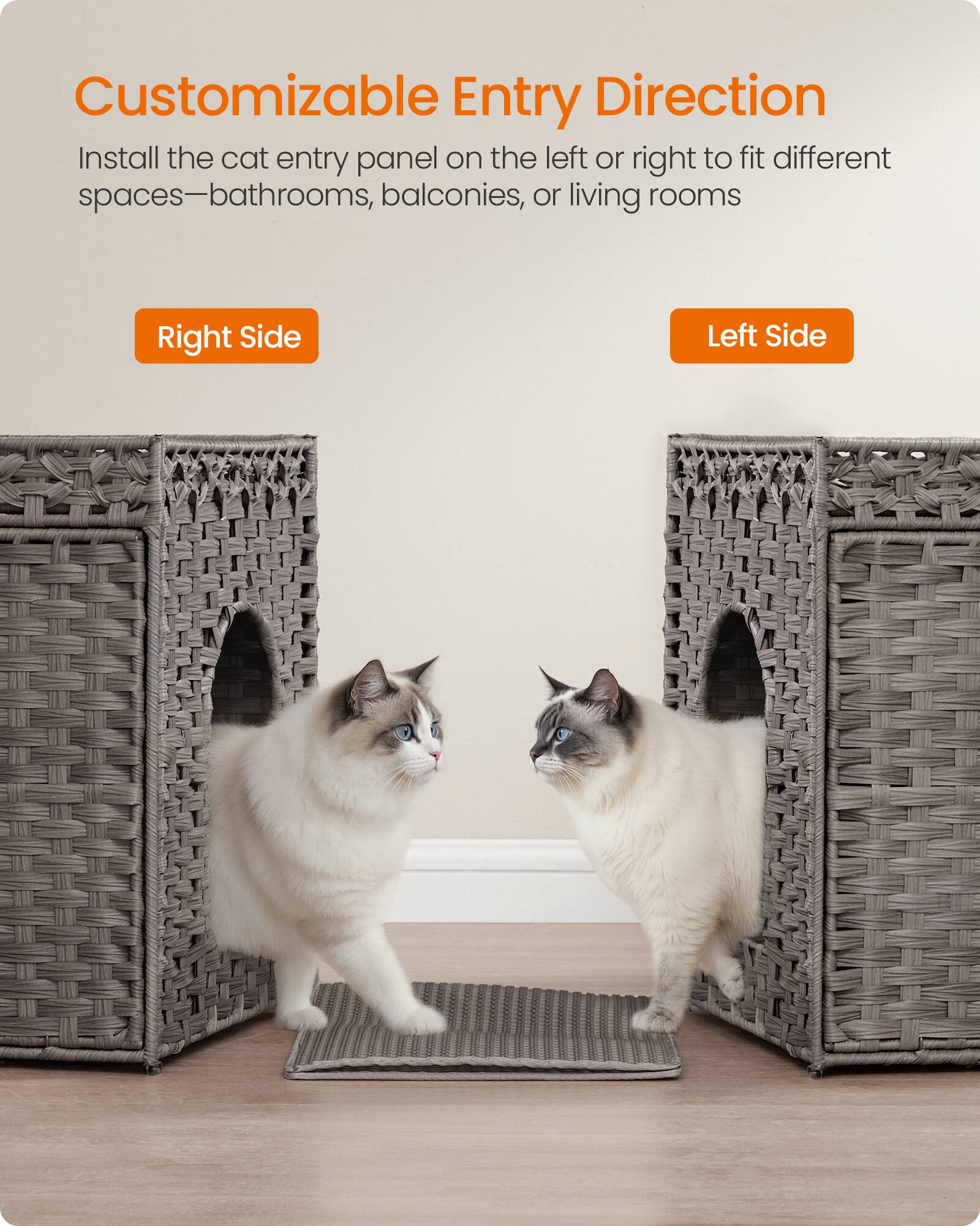 Customizable Entry Direction  
Install the cat entry panel on the left or right to fit different spaces—bathrooms, balconies, or living rooms  

Right Side  
Left Side