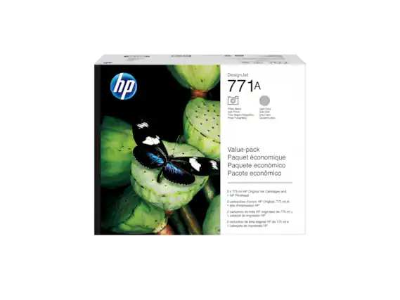 HP DesignJet 771A Photo Black Light Gray Now mot Gna Clar Tinta Nogra Potogratico Gria Clars Fhots Fotografico Cinzento-clare Value-pack Paquet conomique Paquete econmico Pacote econmico 2 775 ml HPP Original Ink Cartridges and 1 HP Printhead 1 cartouches d'encre HP Original, 775 ml at 1 ete d'impression HP no cartuchos de tinta HP originales de 775 ml F 1 cabezal de impresin HP 2 cartuchos de tinta original HP de 775 ml e 1 cabeote de impresso HP