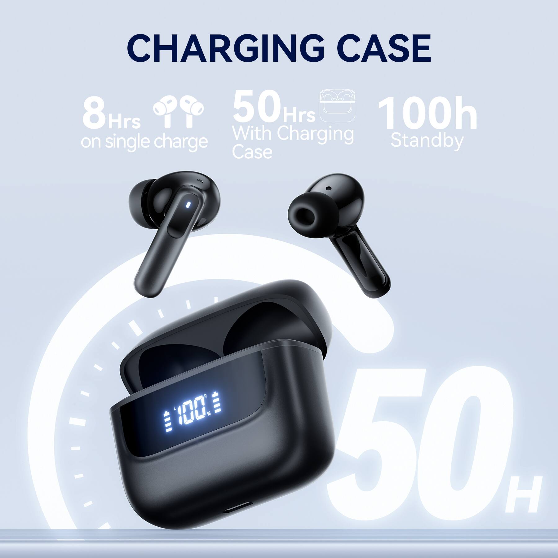 CHARGING CASE  
8 Hrs on single charge  
50 Hrs With Charging Case  
100 Hrs Standby
