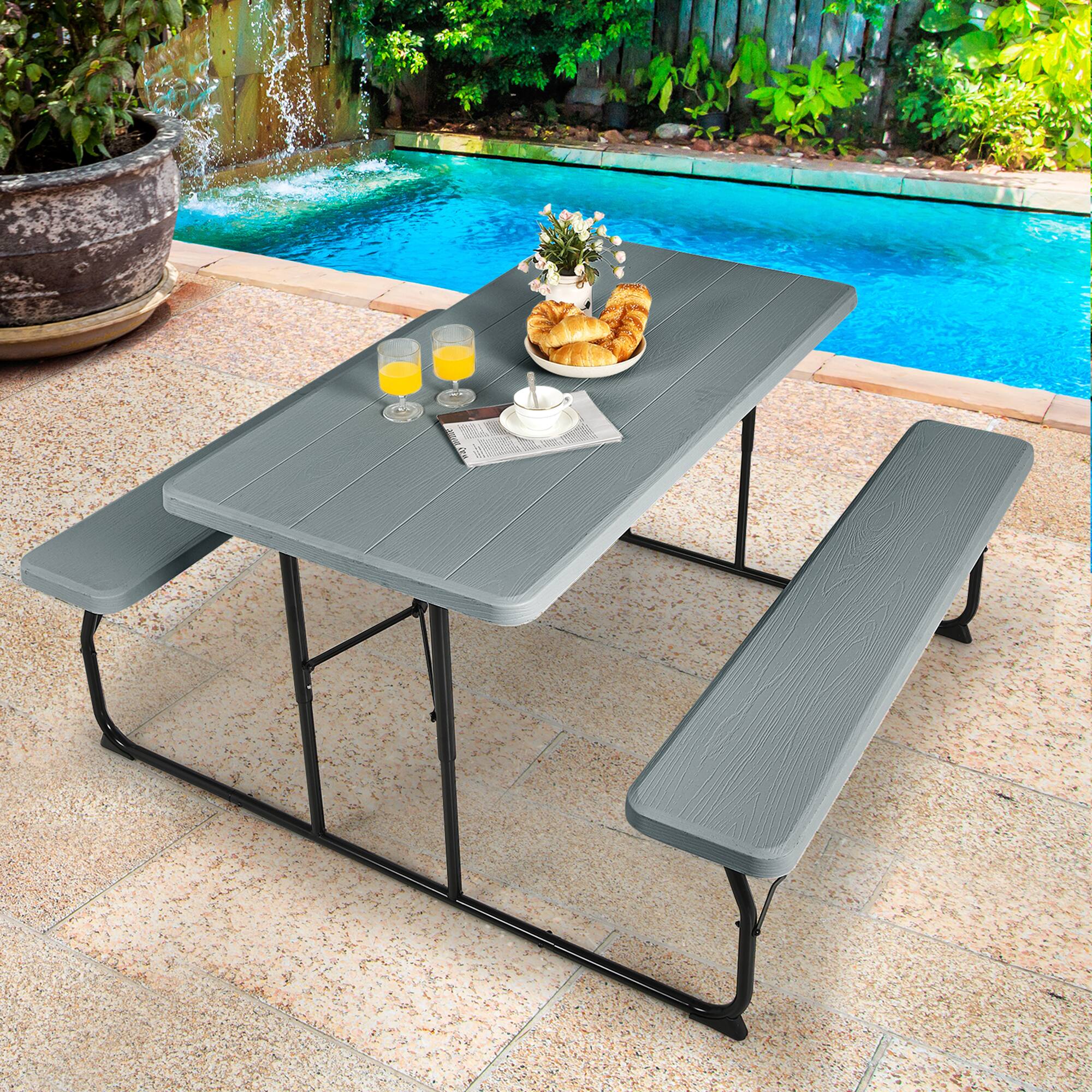 Alt View 2. Gymax - Gymax Folding Picnic Table & Bench Set for Camping BBQ w/ Steel Frame Grey - Grey.