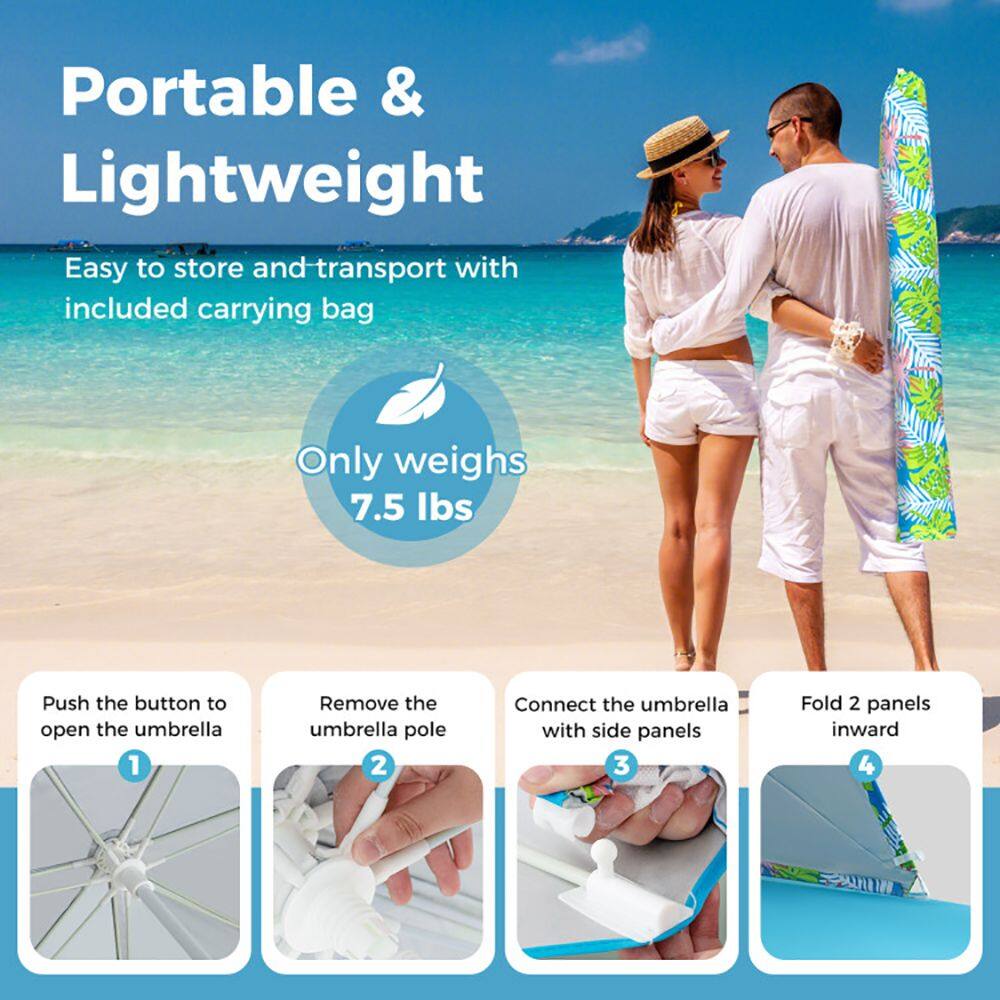 Portable & Lightweight  
Easy to store and transport with included carrying bag  
Only weighs 7.5 lbs  

1. Push the button to open the umbrella  
2. Remove the umbrella pole  
3. Connect the umbrella with side panels  
4. Fold 2 panels inward