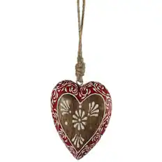 Front. Ganz - Flower Heart Wooden Christmas Ornament 3 inch - Brown.