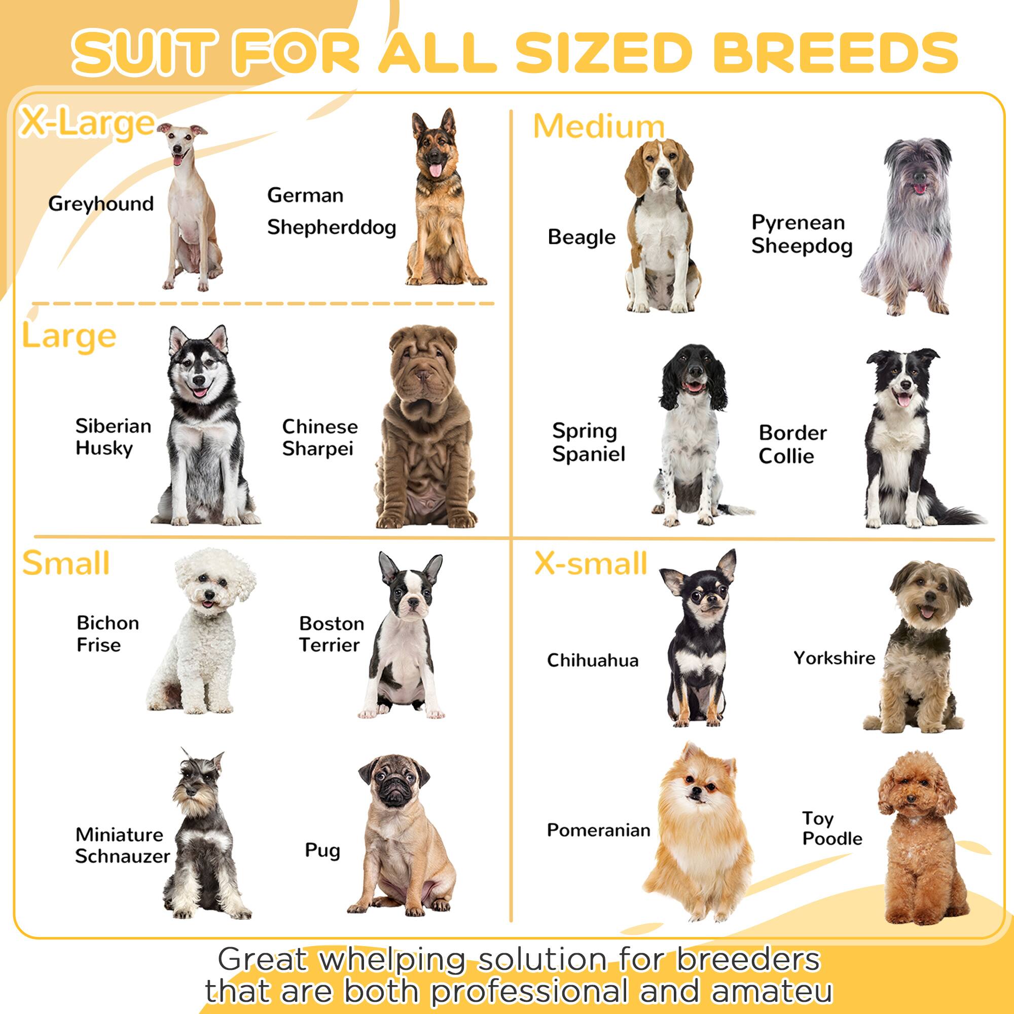 SUIT FOR ALL SIZED BREEDS

X-Large  
- Greyhound  
- German Shepherddog  

Large  
- Siberian Husky  
- Chinese Sharpei  

Small  
- Bichon Frise  
- Boston Terrier  
- Miniature Schnauzer  
- Pug  

X-small  
- Chihuahua  
- Yorkshire  
- Pomeranian  
- Toy Poodle  

Medium  
- Beagle  
- Pyrenean Sheepdog  
- Spring Spaniel  
- Border Collie  

Great whelping solution for breeders that are both professional and amateur