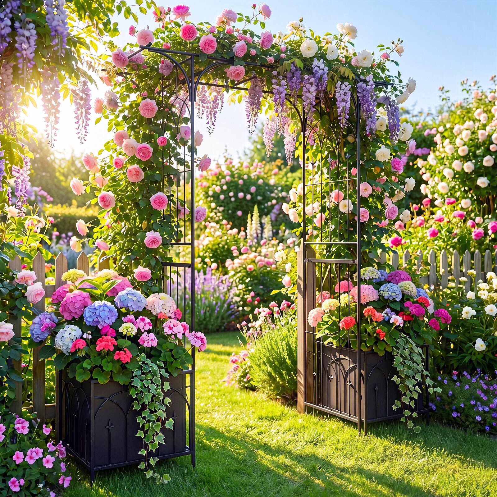 Alt View 4. Gymax - Gymax 81'' Garden Arbor w/Gate & Planter Boxes w/Side Trellis for Climbing Plants - Black.
