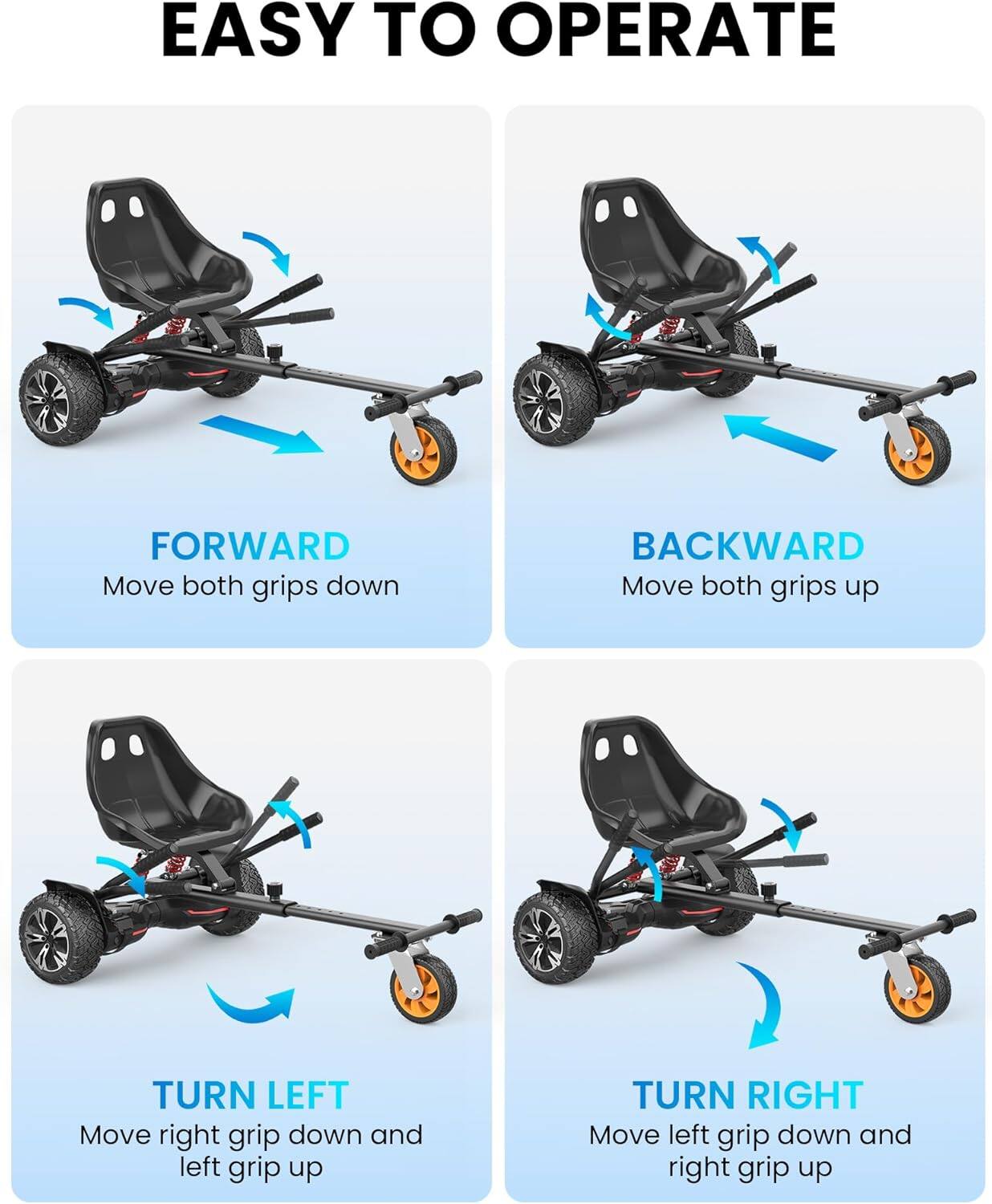 EASY TO OPERATE

FORWARD  
Move both grips down

BACKWARD  
Move both grips up

TURN LEFT  
Move right grip down and left grip up

TURN RIGHT  
Move left grip down and right grip up