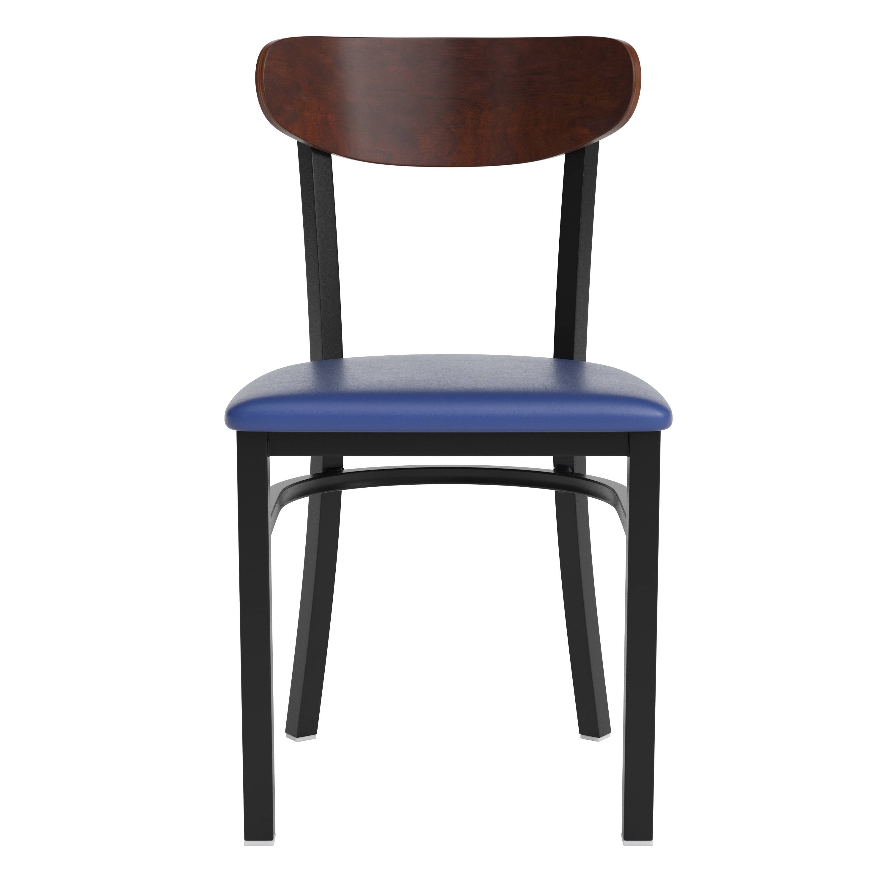 Alt View 9. Emma + Oliver - Yara Industrial Dining Chair with Rolled Steel Frame and Solid Wood Seat - 500 lbs. Static Weight Capacity - Walnut Wood Back/Blue Vinyl Seat.