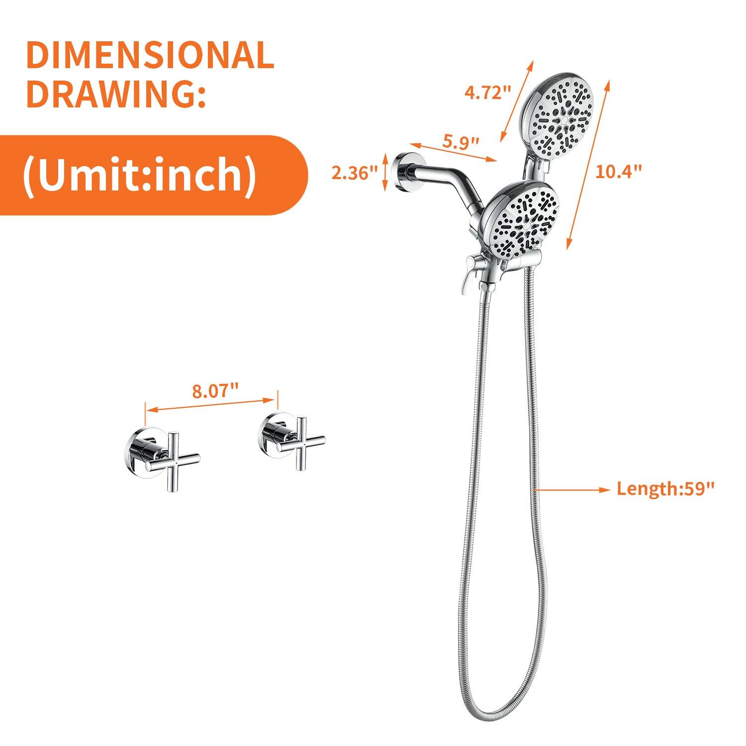 DIMENSIONAL DRAWING:  
(Umit: inch)  

- 2.36"  
- 4.72"  
- 5.9"  
- 8.07"  
- 10.4"  
- Length: 59"