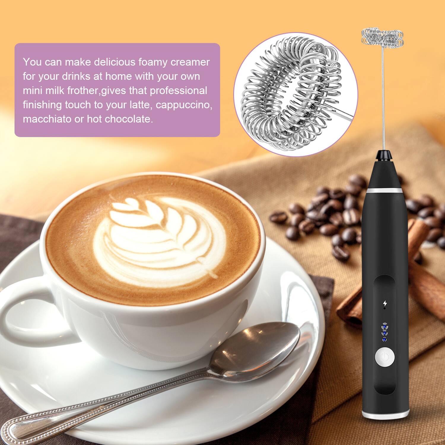 You can make delicious foamy creamer for your drinks at home with your own mini milk frother, gives that professional finishing touch to your latte, cappuccino, macchiato or hot chocolate.