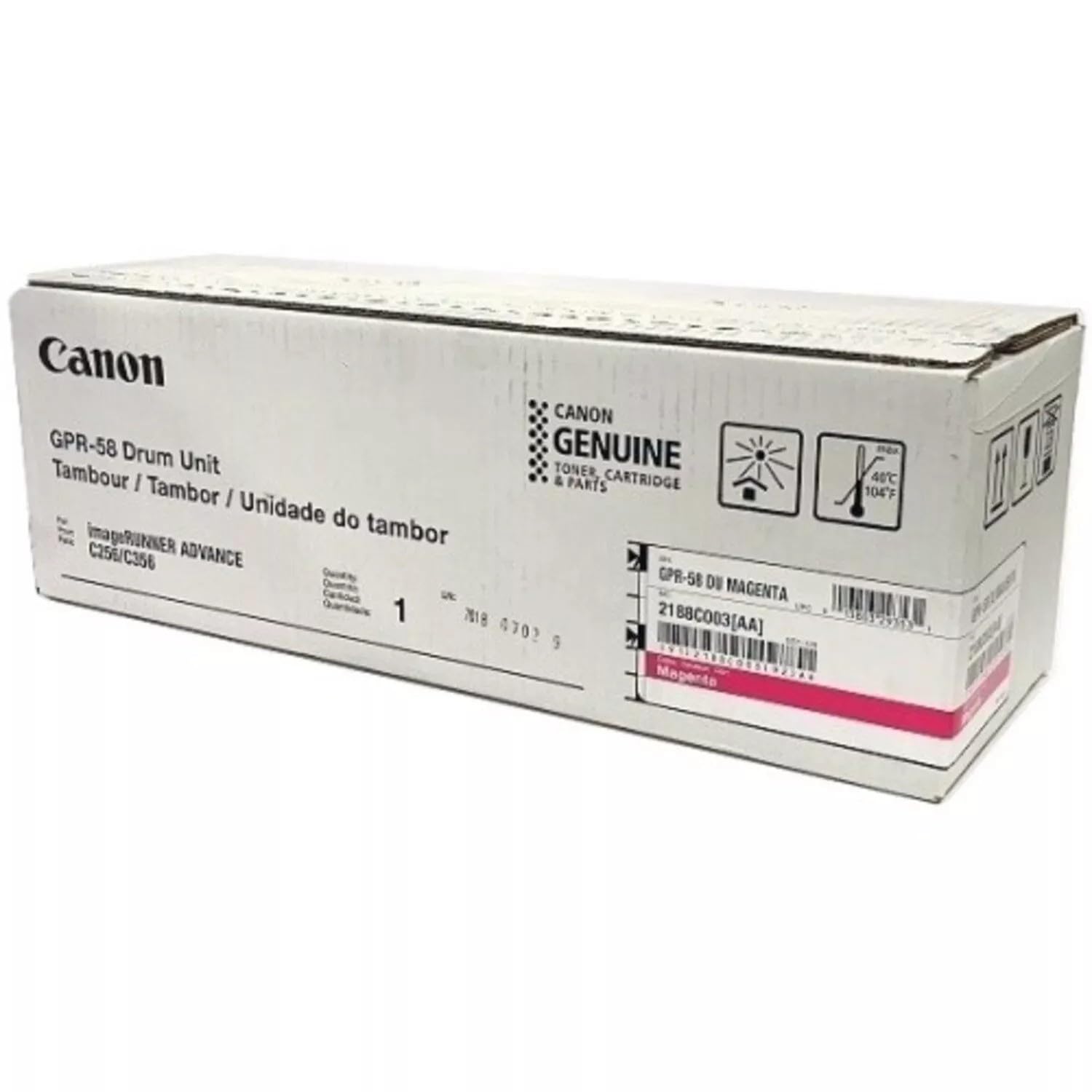 Canon GPR-58 Drum Unit  
Tambour / Tambor / Unidade do tambor  
ImageRUNNER ADVANCE C256/C356  

Canon GENUINE TONER, CARTRIDGE & PARTS  

GPR-58 DU MAGENTA  
2188C003(AA)  

1  
7018 21 4702  
F B8CO03[AA]  
9 40C 104F 129113