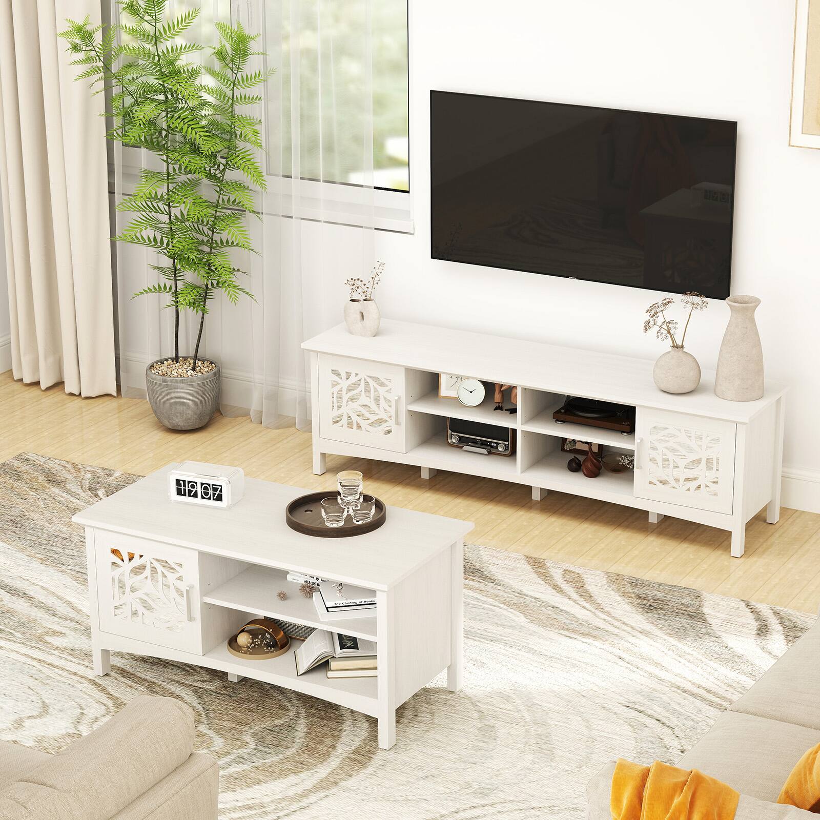 Angle. Bestier - Modern TV Stand for TVs up to 75”, Mirror Design, Adjustable Shelf, Cable Management & Hidden Legs - white.