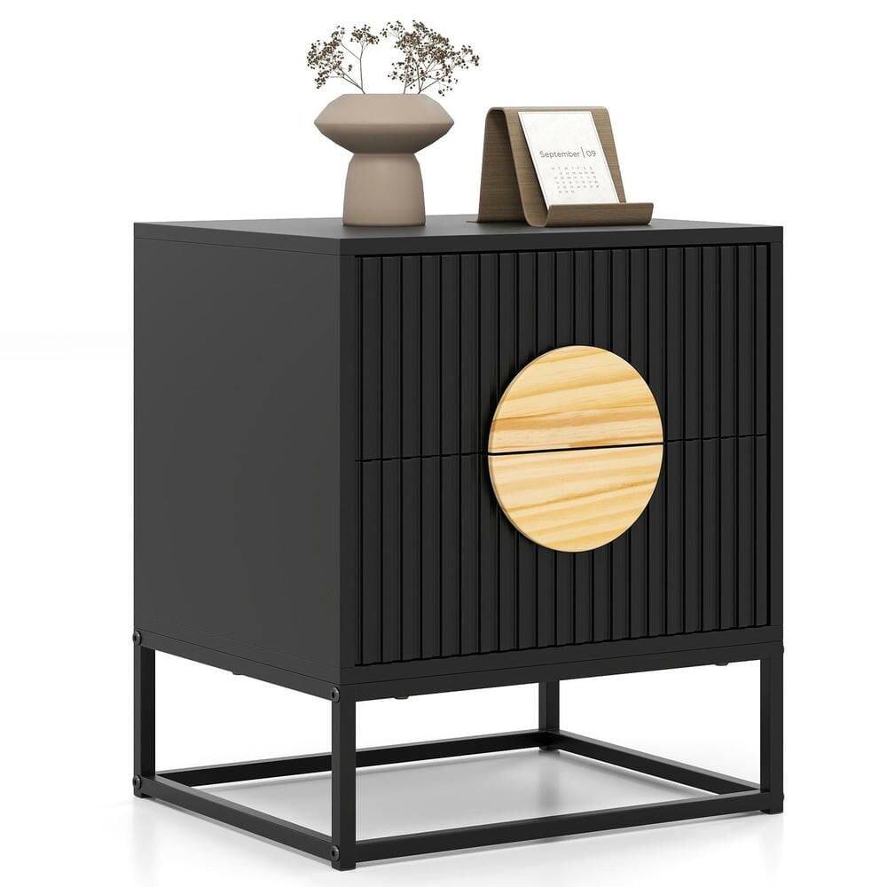 Left. Kadyn - Mid-Century Fluted Nightstand – 2 Drawers + Pine Wood Handles, Modern Bedroom Side Table, Black - Black.