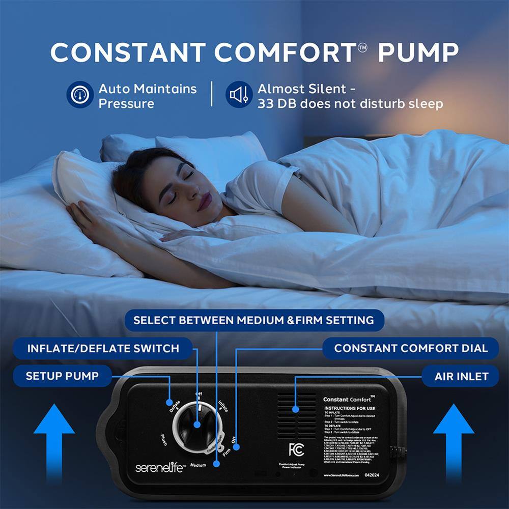 CONSTANT COMFORT PUMP  
Auto Maintains Pressure  
Almost Silent - 33 DB does not disturb sleep  

SELECT BETWEEN MEDIUM & FIRM SETTING  
INFLATE/DEFLATE SWITCH  
CONSTANT COMFORT DIAL  
SETUP PUMP  
AIR INLET  

INSTRUCTIONS FOR USE  

Plush Medium  
serenelife  
Firm  
FC 042024