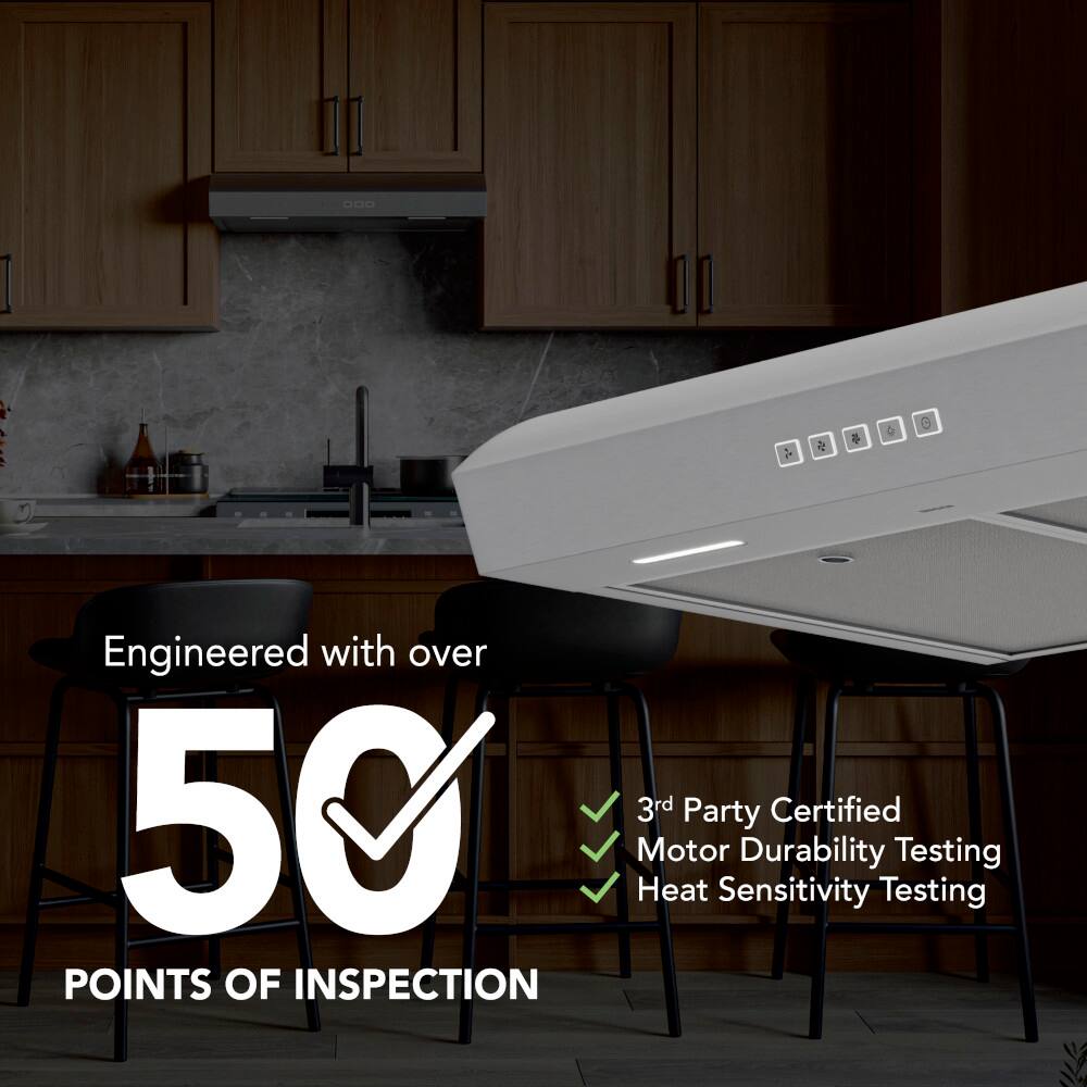 The image features a kitchen with a stove, sink, and cabinets. A microwave is also present in the scene. The text on the image reads: "Engineered with over 50 3rd Party Certified Motor Durability Testing Heat Sensitivity Testing Points of Inspection." This text is likely promoting a kitchen appliance, such as a microwave or oven, that has been tested for durability and heat sensitivity.