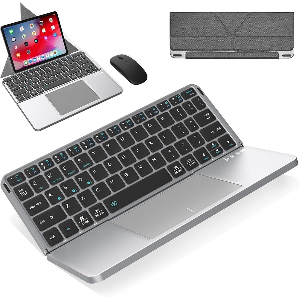 RTMB - Foldable Bluetooth Keyboard with Touchpad – Portable, Wireless, Gray Combo - Silver-gray