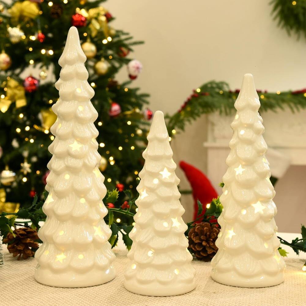 Alt View 1. RTMB - “Set of 3 White Ceramic Christmas Trees with Star & Dot Cutouts” - White.