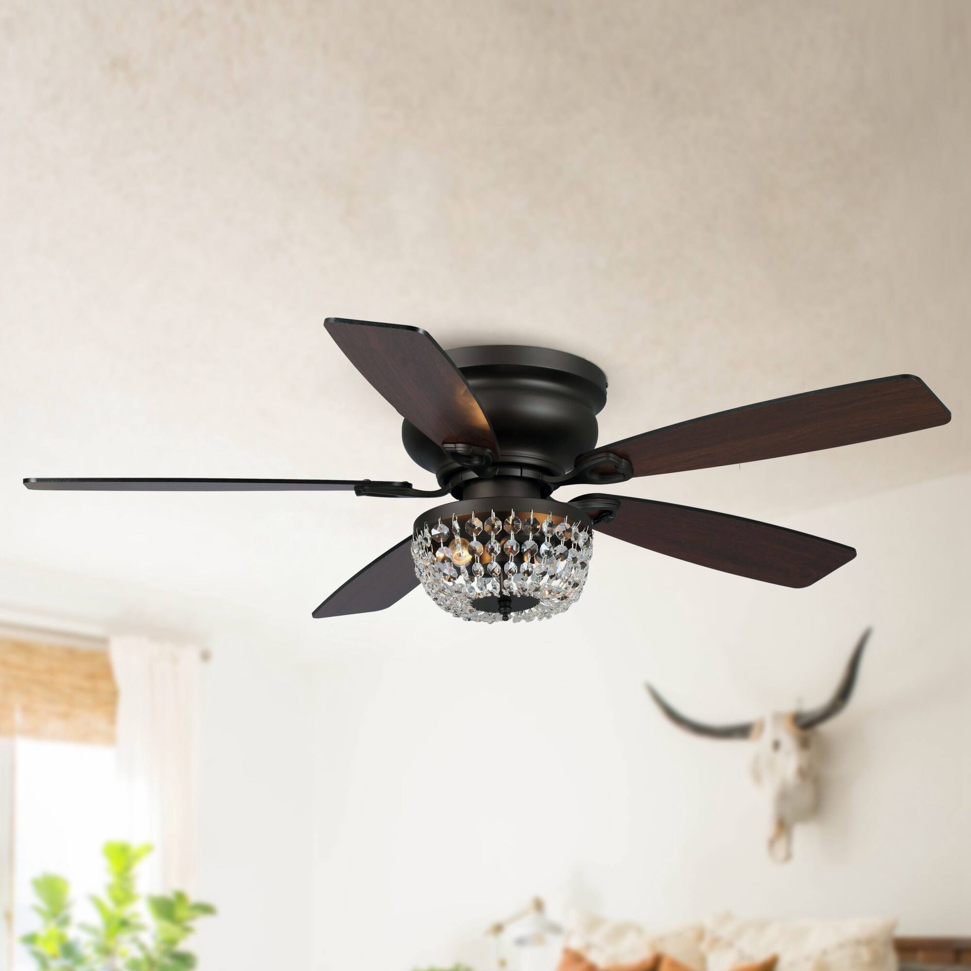 Angle. Parrot Uncle - 48" Bronze Wooden 5-Blade Crystal Flush Mount Ceiling Fan with Remote - Black.