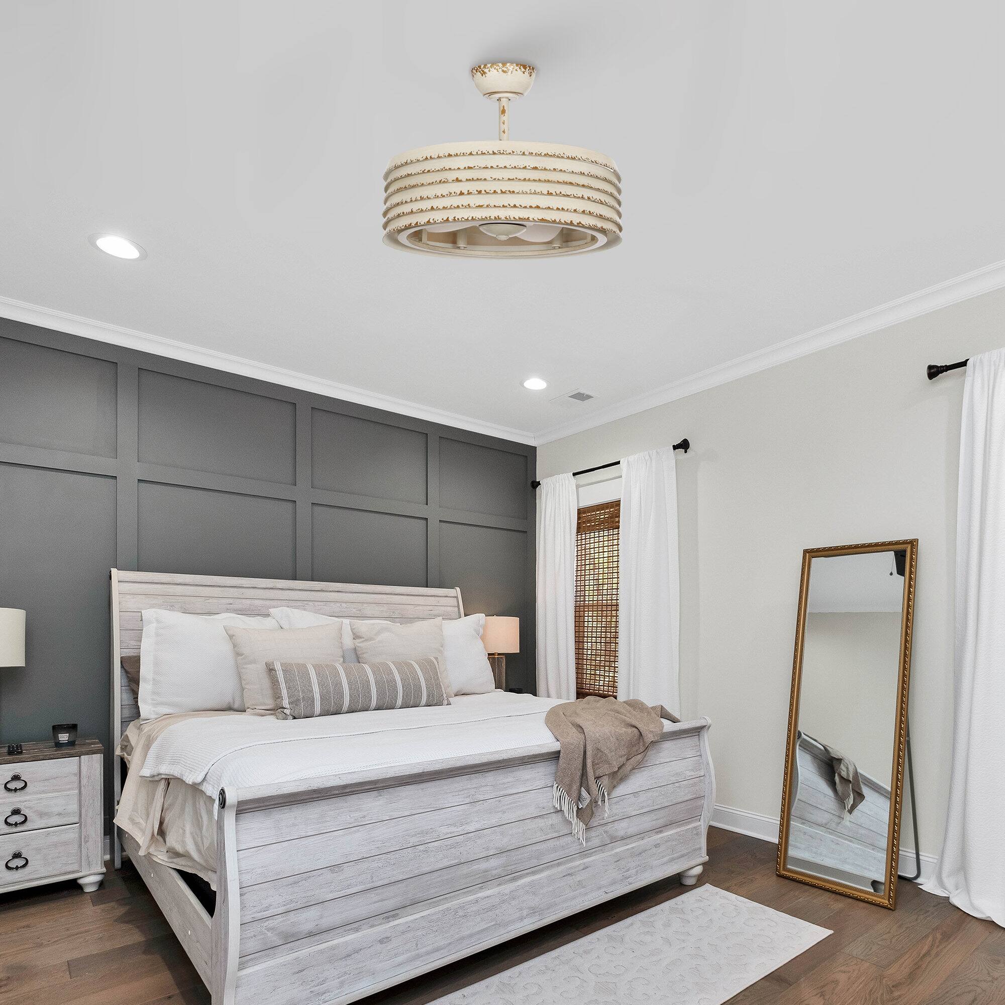 Left. Parrot Uncle - 24" Rustic White Cage Ceiling Fan with Remote Control - Beige.