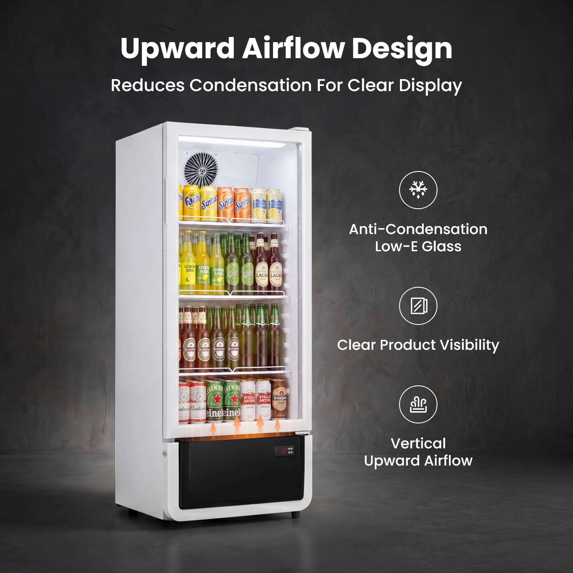 Upward Airflow Design Reduces Condensation For Clear Display

- Anti-Condensation Low-E Glass
- Clear Product Visibility
- Vertical Upward Airflow