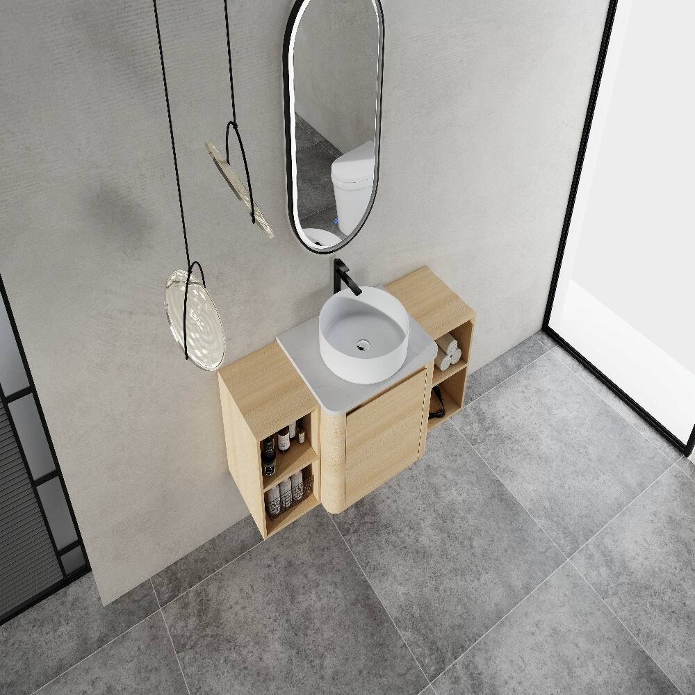 Alt View 3. Loheer - Loheer 48 inch wall mounted bathroom vanity with storage shelves, american white oak floating vanity - American White Oak.