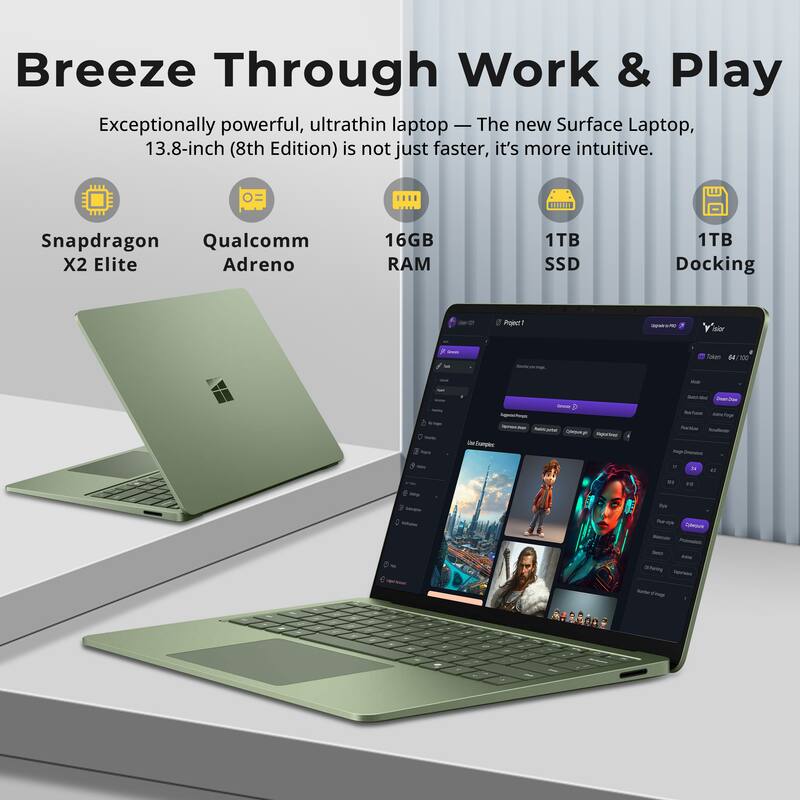 Breeze Through Work & Play

Exceptionally powerful, ultrathin laptop — The new Surface Laptop, 13.8-inch (8th Edition) is not just faster, it's more intuitive.

- Snapdragon X2 Elite
- Qualcomm Adreno
- 16GB RAM
- 1TB SSD
- 1TB Docking

Project1
ayurg)
isior
dream
Token 64/100
Mede
theye
inve Agencheys Roist perther Quepuse M Nigial Views IM Examples
Craw Real Anion - forge Red MAN Nivalande Image Dinensions

"Sye
Pean   - Protemateda of - Childring Viginas Natural deup