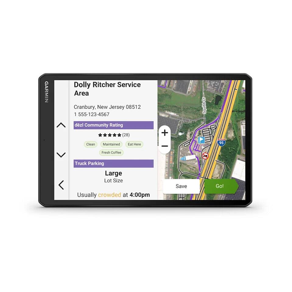GARMIN Dolly Ritcher Service Area  
Cranbury, New Jersey 08512  
1 555-123-4567  

dez1 Community Rating (28)  
Clean  
Maintained  
Eat Here  
Fresh Coffee  

Truck Parking  
Large Lot Size  

Usually crowded at 4:00pm  

Save  
Go!