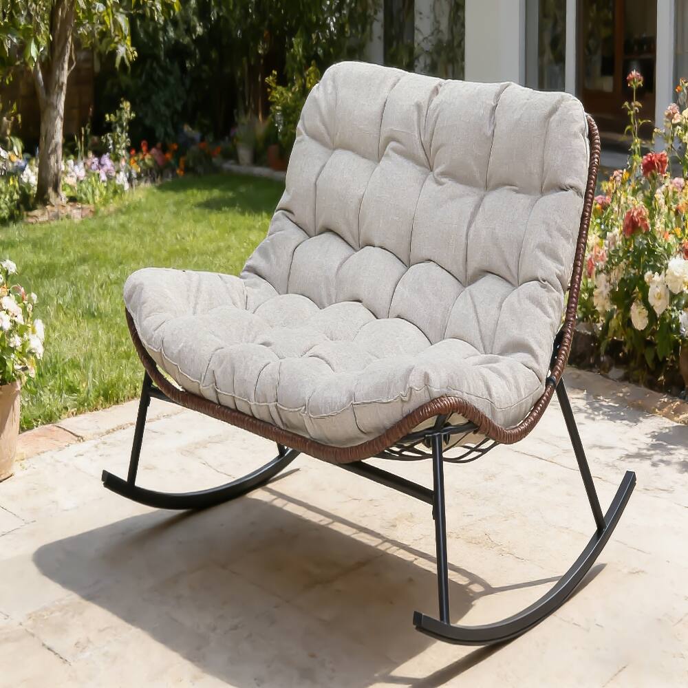 Alt View 4. Loheer - Loheer Double Wide Rocking Papasan Chair 2-Person Oversized Patio Lounge Chair with Cushions PE Rattan - Beige.
