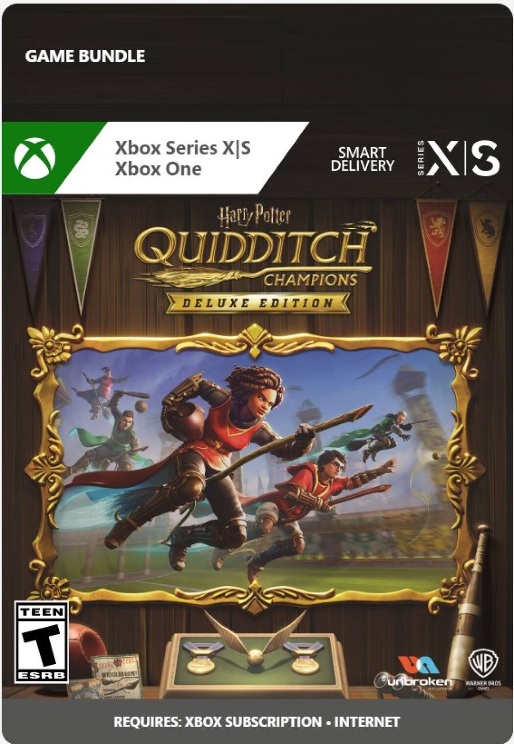 GAME BUNDLE X Xbox Series X | S SMART Xbox One DELIVERY SERIES X S Harry Potter QUIDDITCH CHAMPIONS DELUXE EDITION TEEN T ESRB SURL WHH 800 M WB Cunbroken WARNER BROS REQUIRES: XBOX SUBSCRIPTION INTERNET