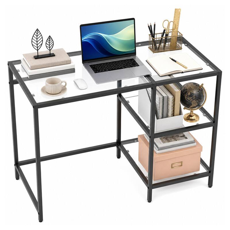 Left. WELLFOR - 42" Modern Home Office Desk with  2 Open Shelves and Metal Frame, Computer Desk Laptop PC Work Table - Black.