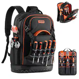 VEVOR - Tool Backpack, 65 Pockets, Heavy-duty Tools Storage Organizer Work Bags with Laptop Compartment & Molded Base - Black & Orange
