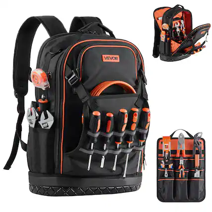 Front. VEVOR - Tool Backpack, 65 Pockets, Heavy-duty Tools Storage Organizer Work Bags with Laptop Compartment & Molded Base - Black & Orange.